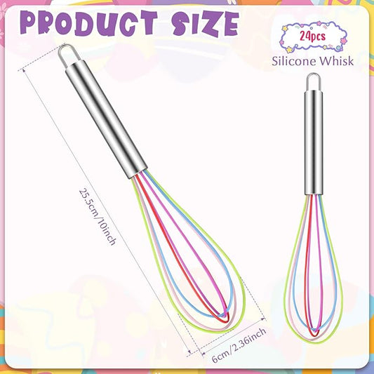Domensi 24 Pcs 10 Inch Whisks Bulk for Cooking Silicone Whisks Non Scratch Stainless Steel Egg Beater Colorful Coated Metal Heat Resistant Egg Beaters for Valentines Day Party Favor Gift Supplies