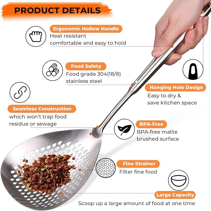 MARTE Skimmer Slotted Spoon Set of 4 - Kitchen Spaghetti Strainer Tool - Spider Strainer Skimmer Ladle Spoon with Holder for Cooking and Frying Food, Pasta, Vegetable, Dumpling - 14.8In,16.5In,17In
