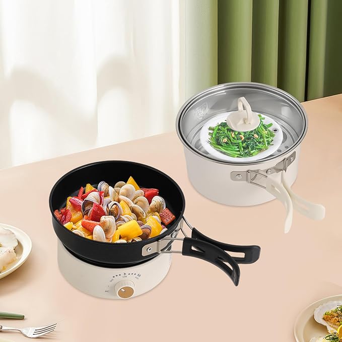 Portable Electric Hot Pot with Foldable Handles, Non-stick Frying Pan, Mini Hot Pot, Multi-Functional Ramen Noodle Cooker for Pasta, Oatmeal, Soup, Steak with Power Adjustment, Steaks and Vegetables