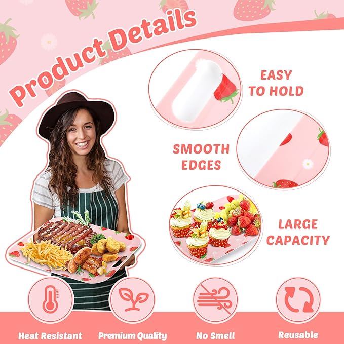 2Pcs Strawberry Serving Trays 16 x 11 Inch Large Melamine Strawberry Trays Platters with Handles Summer Berry Outdoor Food Trays Pink Serving Dishes for Strawberry Birthday Party Decorations