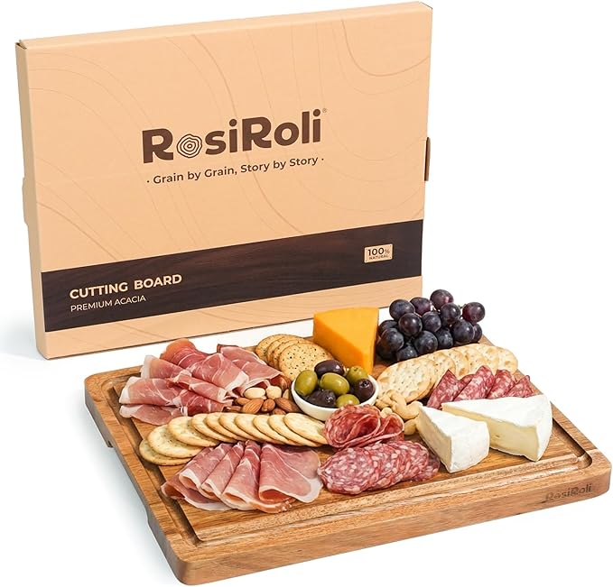RosiRoli Acacia Wood Cutting Board for Kitchen - 13"x10" Everyday Chopping Board with Handles and Juice Grooves, Soild Wood Serving Tray for Cheese & Meat, Ideal Gift for Housewarming & Christmas