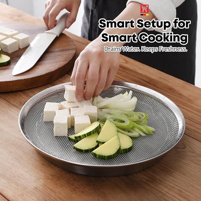 Stainless Steel Mesh Tray Set with Drip Pan, Air Fryer Basket and Tray, Kitchen Colander, Vegetable and Fruit Strainer, Food Filter, BBQ Prep Tool, Fruit Serving Dishes (11.42 inch)
