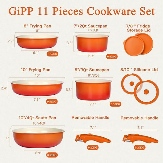 GIPP 11pcs Pots and Pans Set Non Stick, Nonstick Cookware Set Detachable Handle,Ceramic Pots for Cooking Non Stick with Removable Handle, RV Cookware Set, Orange Gradient