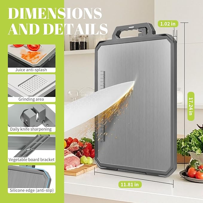 1 PCS Titanium Cutting Board for Kitchen, Double Sided Non Toxic Chopping Board, Food Grade, Non-Slip Silicone Edge, Easy to Clean, 17.2"*12" Large Size (1 Side Titanium Other Side Wheat Straw PP)