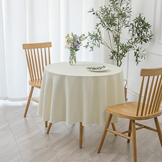 maxmill Round Textured Tablecloth Spill-Proof Wrinkle Free Soft Jacquard Table Cloth for Circular Table Cover, for Dining Room Buffet Banquet Parties Holiday Dinner, 70 Inch Ivory