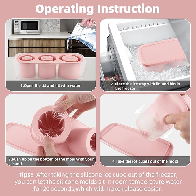 Tcamp Tumbler Ice Mold, Ice Cube Tray for 30 oz -40 oz Tumbler Cup, 3 Pcs Silicone Hollow Cylinder Ice Mold with Lid and Bin for Freezer, Ice Drink, Juice, Whiskey, Cocktail (Pink)