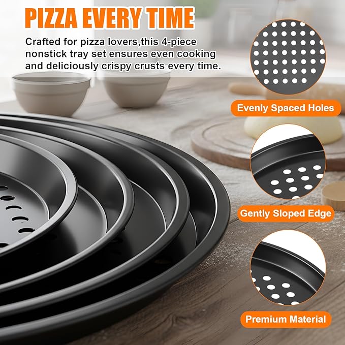 Afarnook 4 Pcs Pizza Baking Pan Round Non-Stick Tray Pizza Pan 9/10/11/12 Inches Round Dark Grey Tray with Holes Suitable for Baking Oven Electric Oven