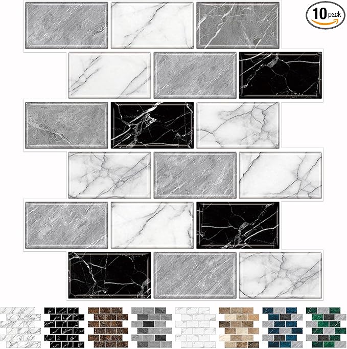 URCOLOR 10-Sheet Back Splashes for Kitchens Peel and Stick,12"x12" Self Adhesive Stick on Backsplash for Bathroom Black White Grey Marble Look