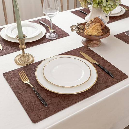Romanstile Vinyl Placemats Set of 6-12 X 17 Inch - Heat Resistant Non-Slip Embossed Floral Place Mats 100% Waterproof Oilproof Wipeable Faux Leather Table Mats for Kitchen/Dining/Party, Brown