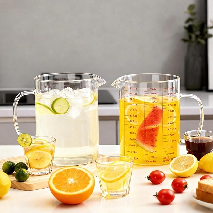 BCnmviku Glass Measuring Cup 6CUPS/1500ML/50OZ High Borosilicate [Insulated Handle | V-Shaped Spout]For Prepping Baking and Cooking Preheated Oven Dishwasher Freezer and Microwave Safe with Silicone