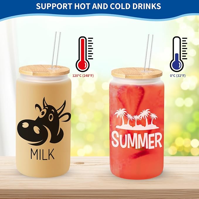 Sublimation Glass Blanks with Bamboo Lid, 16OZ Frosted Sublimation Beer Cups with Glass Straws Gift Box for Christmas, Mason Jar Cups Mug Travel Tumbler for Juice, Iced Coffee, Drinks(8 PACK)
