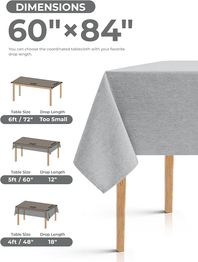 Faux Linen Farmhouse Table Cloth 60"x84" for 4-6 ft Rectangle Table, Cool Grey Waterproof Outdoor Washable Cloth Tablecloth for Rectangular Dining Room Kitchen Outdoor Party Restaurant Table