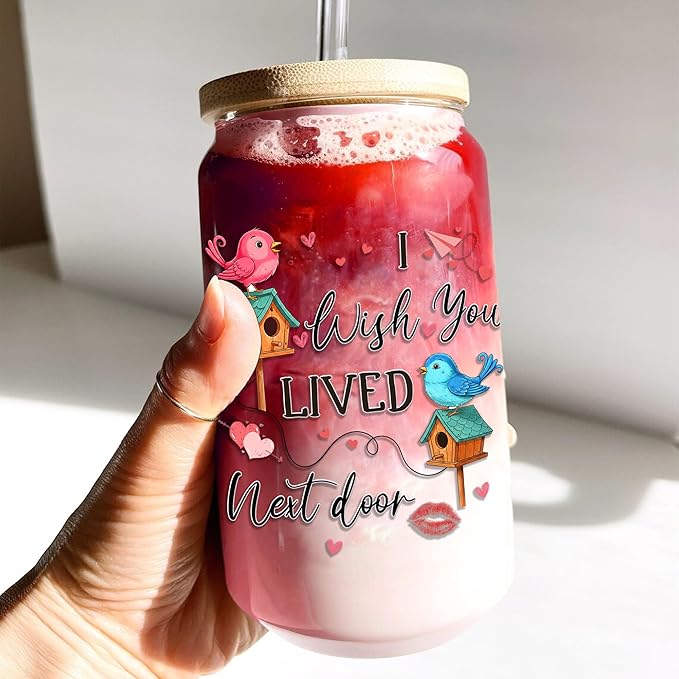 Wish You Lived Next Door Glass Cups with Lids and Straws 16 Oz Friendship Iced Coffee Cup Moving Away Drinking Jar for Women Men Long Distance Housewarming Valentines Gift for Soulmate C
