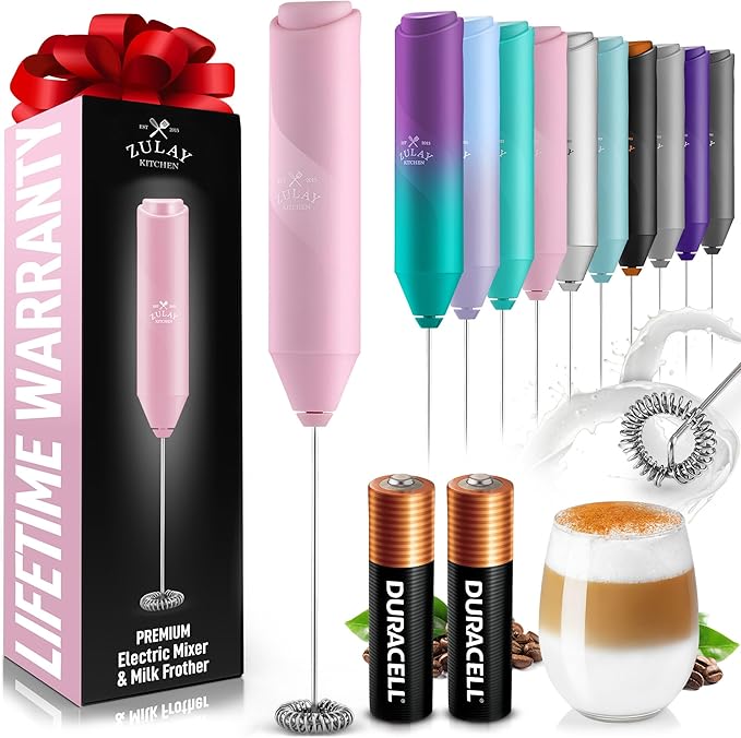 Zulay Kitchen Powerful Milk Frother Handheld with 2 Duracell AA Batteries – Ultra Fast Frother Wand Electric Drink Mixer for Coffee, Lattes, Cappuccinos, Matcha & Hot Chocolate – Portable Foam Maker