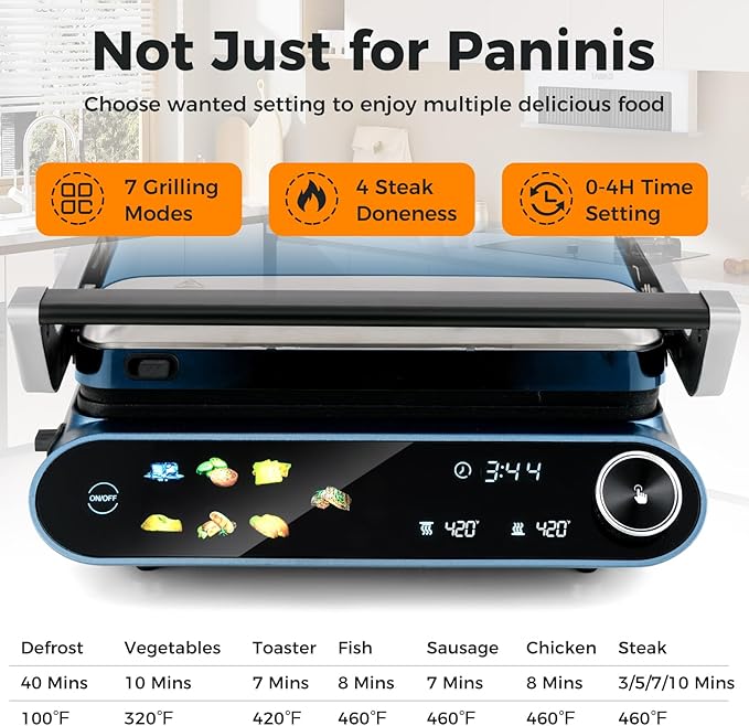 ARLIME Panini Grill Press Sandwich Maker, 1200W Electric Griddle with LED Touch Panel, 7 Grilling Modes, Dishwasher Safe Non-stick Plates, Removable Drip Tray, Indoor Grill for Burger, Cheese, Steaks