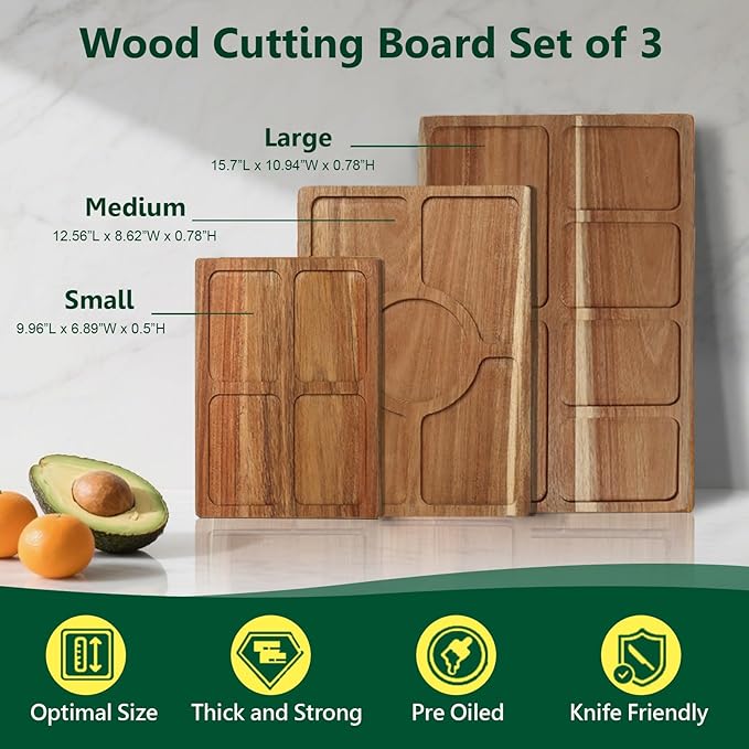 Acacia Wood Cutting Boards for Kitchen Set of 3, Chopping Board with Holder, with Deep Juice Groove Grip Handles, Charcuterie Boards, for Meat, Vegetables and Fruits and Cheese (Set A of 3)