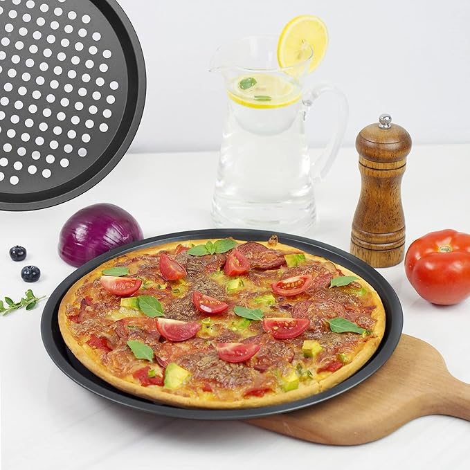 InBlossoms 9.6 inch Pizza Pan With Holes, Carbon Steel Perforated Non-Stick Bakeware for Home Kitchen Oven, 2 Pack