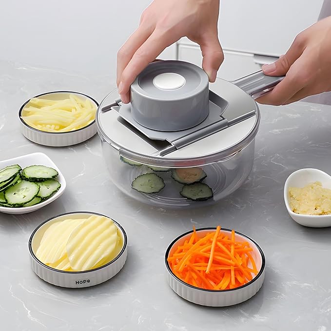 Mandoline Slicer with Hand Protector, Interchangeable Blade Vegetable Slicer Mandoline, Cucumber Slicer with Colander for Potato, Tomato, Carrot (Grey)