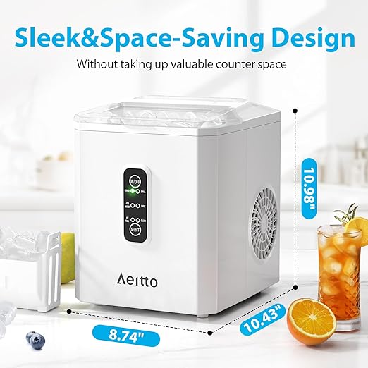 Aeitto Ice Makers Countertop, 26Lbs/24H Ice Machine with 2 Sizes of Bullet Ice, 9 Ice Cubes Ready in 6 Mins, Self-Cleaning Portable Ice Maker with Ice Scoop and Basket for Home Office Bar RV, White