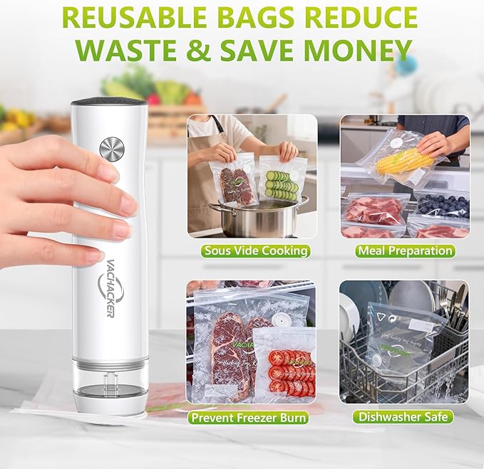 Compact Handheld Vacuum Sealer for Food with 30 Reusable Bags, Portable Food Vacuum Sealer with Moisture Removal, Cordless Food Sealer for Meat, Meal Prep&Storage