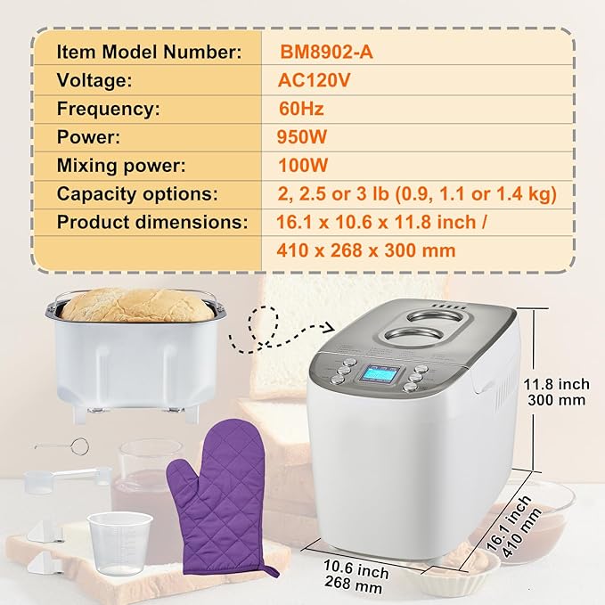 Happybuy 15-in-1 3LB Bread Maker, Gluten-Free, Whole Wheat, Programmable Digital Bread Machine, 3 Loaf Sizes, 3 Crust Colors, White, Nonstick Ceramic Pan