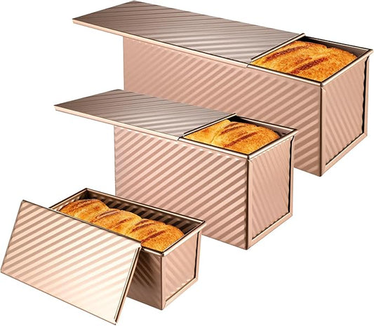 3 Pcs Pullman Loaf Pan with Lid, 2.2lb/1lb/0.5lb Dough Capacity, Non-Stick Carbon Steel Bread Pans for Homemade Bread Sandwich and Toast, Sourdough Loaf Pan with Lid, Corrugated Toast Mold (Golden）