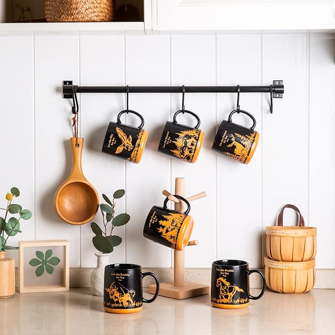 AmorArc 18oz Large Coffee Mugs Set of 6, Ceramic Coffee Mugs with Animal Wildlife Textured Patterns for Tea Latte Cocoa. Easy to Hold&Clean, Dishwasher&Microwave Safe, Matt Black