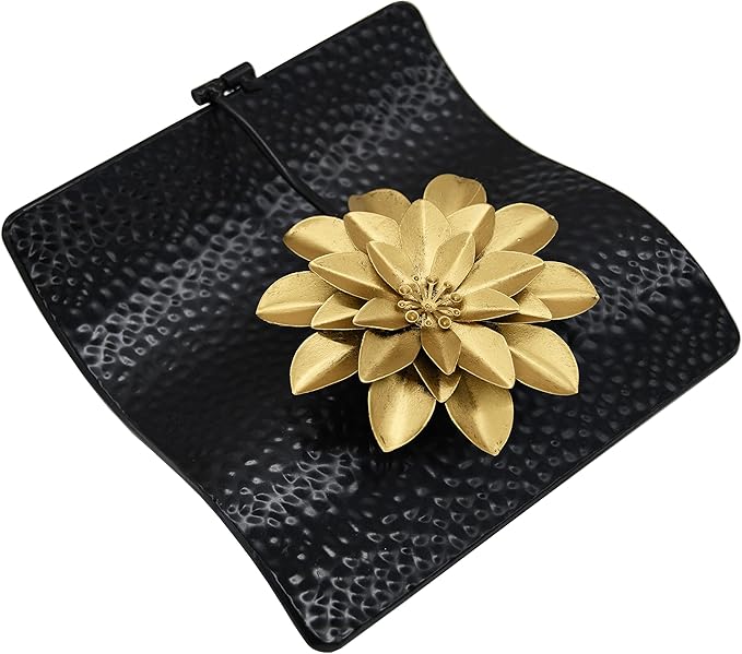 OwlGift Black Flat Napkin Holder w/Golden Flower Weighted Arm, Metal Cocktail Napkin Dispenser, Kitchen Counter Paper Towel Storage, Dining Table Organizer