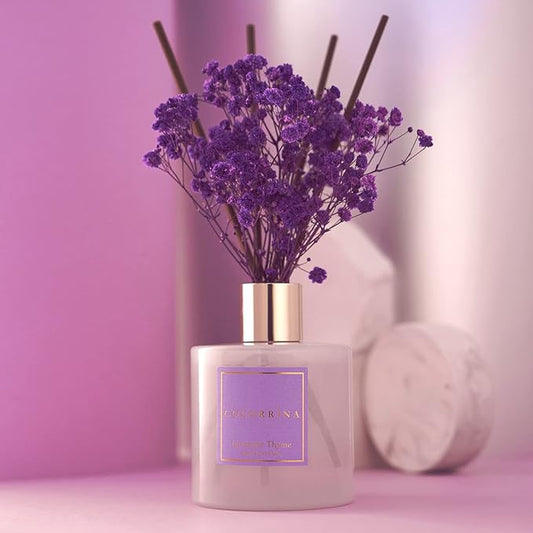 Cocorrína Premium Reed Diffuser Set with Preserved Baby's Breath & Cotton Stick Lavender Thyme | 6.76 Fl.oz Scent Diffuser for Bedroom Bathroom Home Décor
