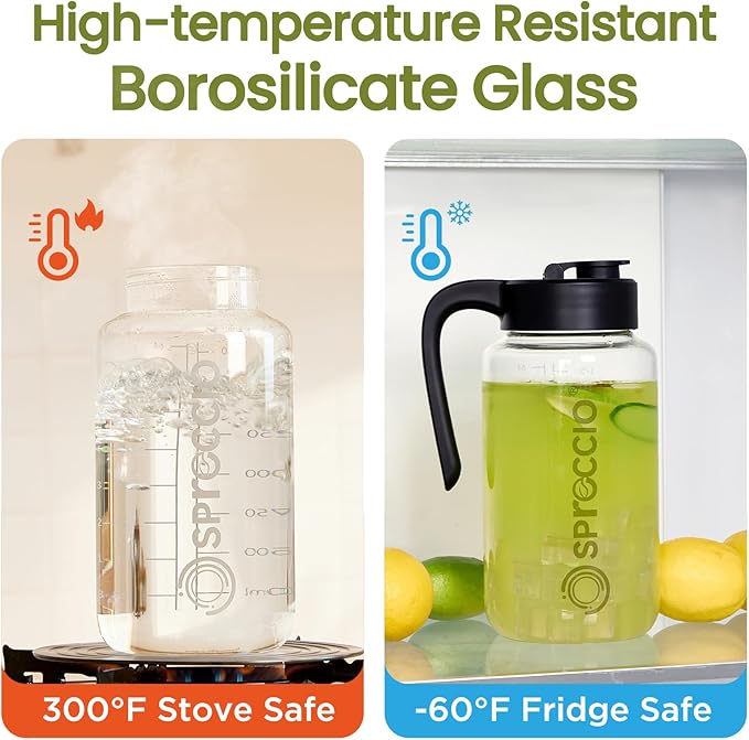 Spreccio Borosilicate Glass Pitcher with Lid, 64 oz Mason Jar Pitcher Pour Spout Lid Airtight Leak-proof, Sun Tea Glass Jar for Outside, Breastmilk, Cold Brew, Coffee and Iced Tea