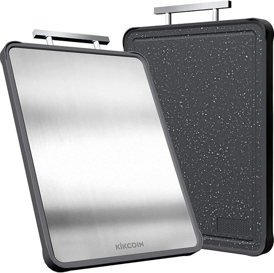 Kikcoin Double Sided Stainless Steel Cutting Boards for Kitchen, Stainless Steel and Wheat Straw PP Large Chopping Board, Black