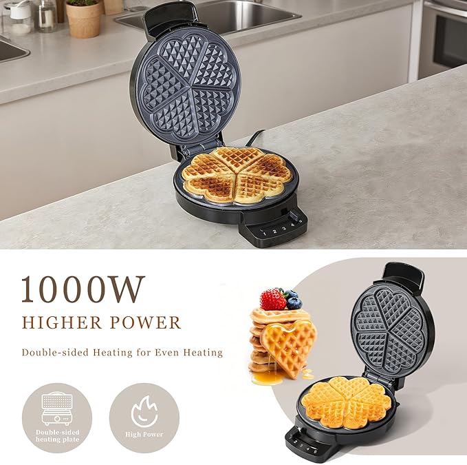 Heart Waffle Maker, Heart Shaped Waffle Iron 5 Slices, Mini Waffle Makers with 8'' Non-stick Plates, Adjustable 5 Browning Control, Cool Touch Handle, Easy to Clean, Valentine's Day Gift, 1000W