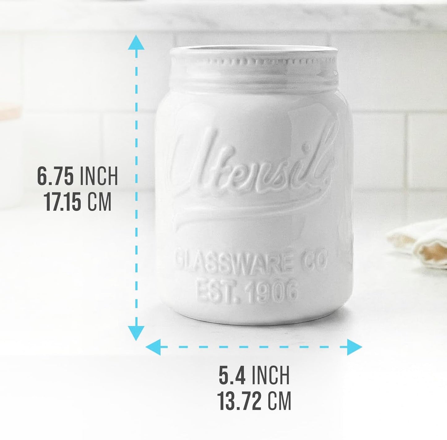 Comfify Wide Mouth Mason Jar Utensil Holder Decorative Kitchenware Organizer Crock - Perfect Cookware Gift - White, Large Size 5.4x6.75