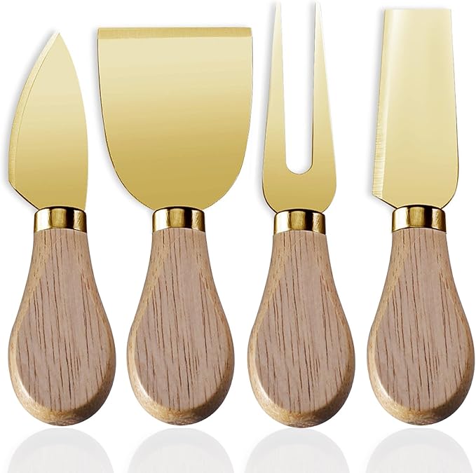 4-Piece Set of Stainless Steel Cheese Knives with Wood Hand, Including Cheese Slicer and Cheese Cutters, Essential Cheese Tools for the Kitchen (Oak handle, Gold)