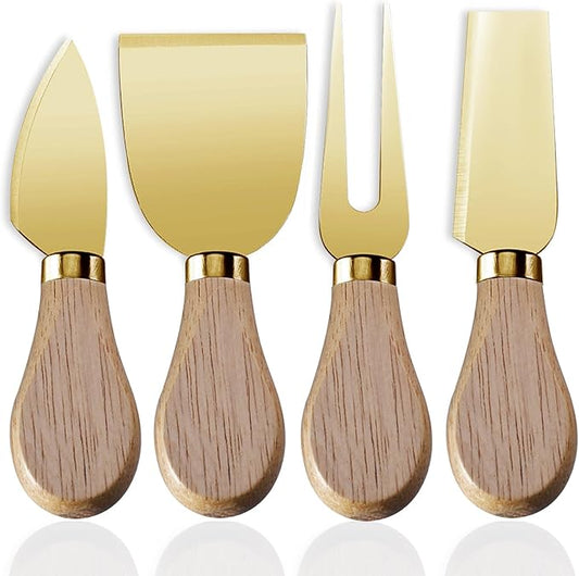 4-Piece Set of Stainless Steel Cheese Knives with Wood Hand, Including Cheese Slicer and Cheese Cutters, Essential Cheese Tools for the Kitchen (Oak handle, Gold)
