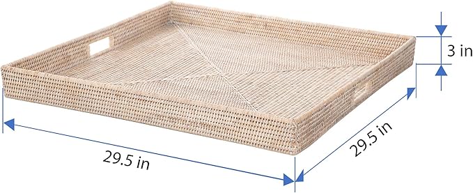 KOUBOO La Jolla Rattan Tray, Square Woven Tray - Decorative Coffee Table, Breakfast Tray, Home Decor, Serving & Basket Style, Extra Large, White-Wash