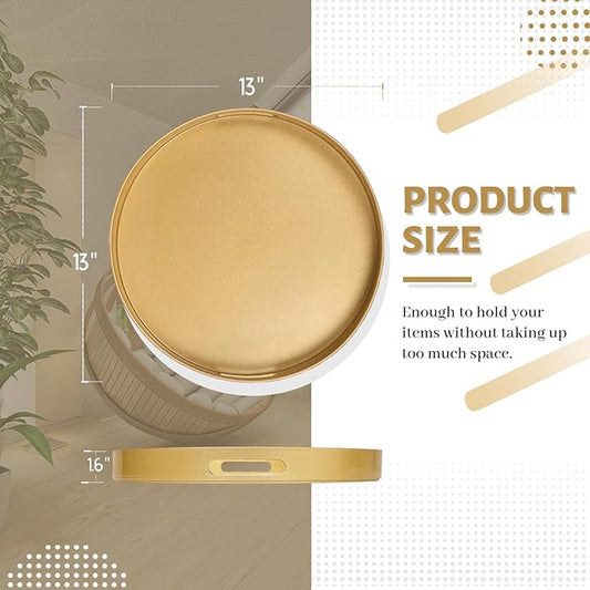 MAONAME 13" Gold Round Decorative Tray for Coffee Table, Modern Serving Tray with Handles, Plastic Ottoman Trays, Bathroom Decor