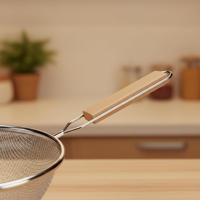 Strainer 8-Inch Diameter Medium Stainless Steel Fine Mesh Single Mesh Tan Handle Silver Sieve Kitchen Cooking Food Filter Handheld Multipurpose Strainer