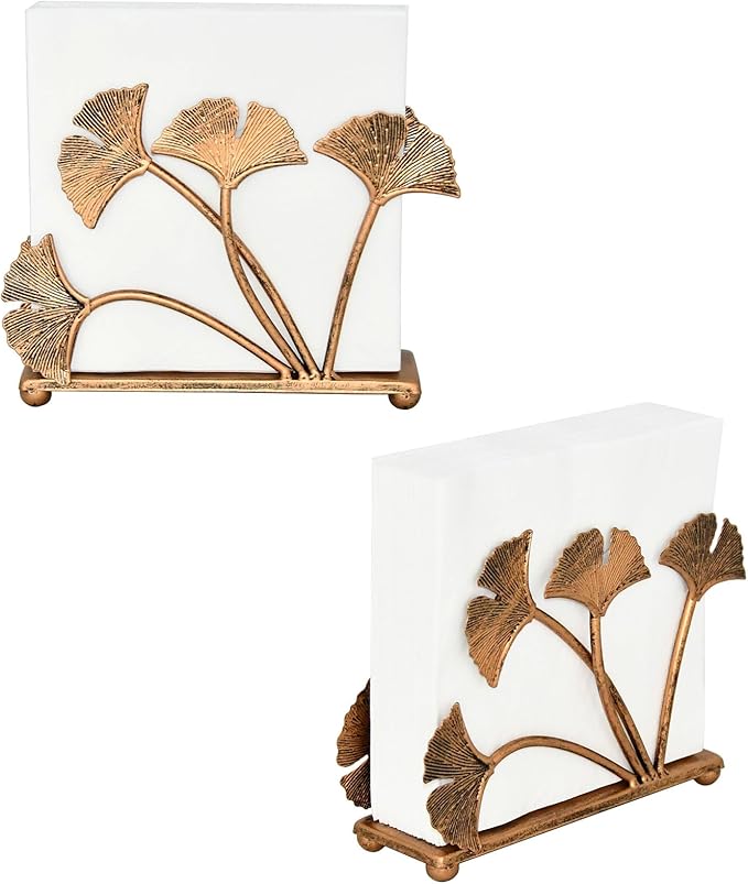 OwlGift Set of 2 Modern Ginkgo Leaves Design Napkin Holder for Tables, Metal Paper Napkin Storage for Kitchen, Stylish Paper Towel Dispenser, Mail Letter Sorter Rack, Document File Organizer – Bronze