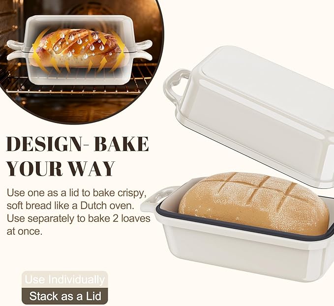 DYCYRQ Enameled Cast Iron Sourdough Bread Dutch Oven, Cast Iron Loaf Bread Pan for Homemade Bread Baking, 2PCS 9 x 5Inch Meatloaf Pan with Lid, Oven Safe, Cream