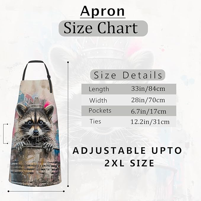 Graffiti Raccoon Apron Urban Street Art Trash Can Crow Aprons Waterproof Oxford Polyester Adjustable Pockets Design for Cooking, Crafting, Garden Decor, for Adults, 28x33 Inch