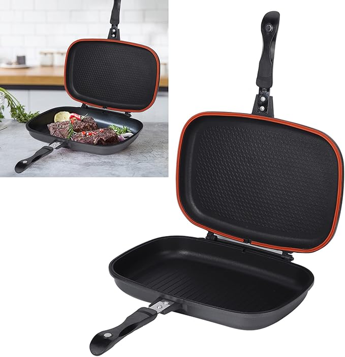 Nonstick Double Frying Pan, 18.1x14.2in Double Multipurpose Double Grill Pan Portable Grill Pot for Home Cooking Sandwich Panini Barbecue Chicken Fish