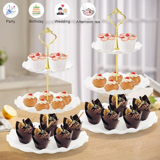 Coitak 3 Tier Cupcake Stand, Plastic Tiered Serving Stand, Dessert Tower Tray for Tea Party, Birthday and Wedding (Wavy-metal rod)