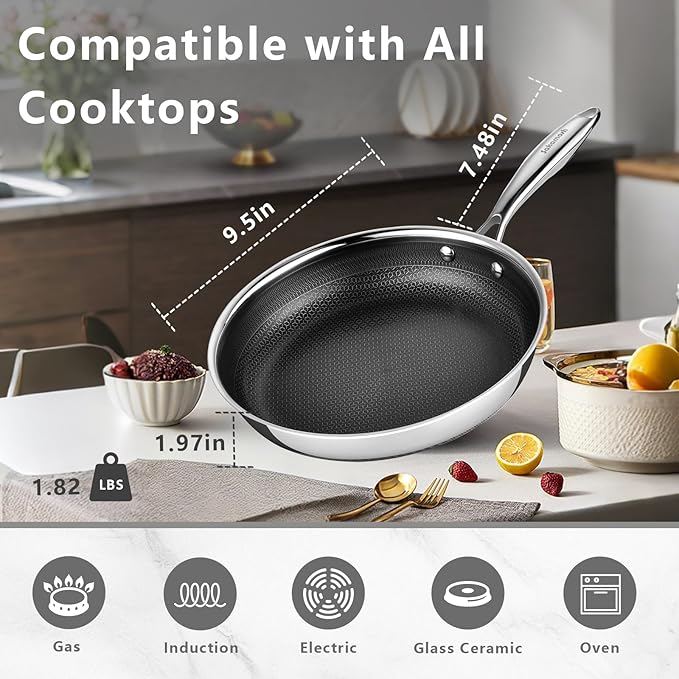 SAKAMOSH 9.5" Non Stick Frying Pans, Stainless Steel Pan, Ceramic Skillet with Stay-Cool Handle, Non Toxic, PFAS PFOA PTFE Free, Dishwasher Safe, Induction, Compatible with All Cooktops