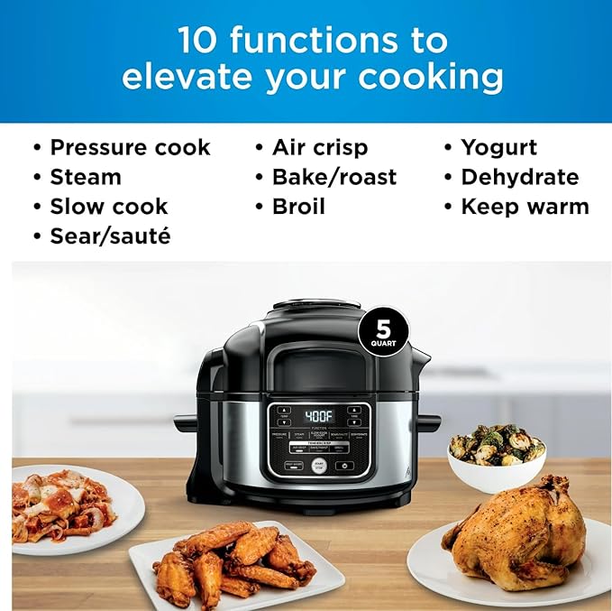 Ninja 10-in-1 5-Qt Pressure Cooker & Air Fryer Multi-Cooker, Steam, Bake/Roast, Broil, Slow Cook, Sear/Sauté & Dehydrate, Nonstick Pot, Stainless Steel, TenderCrisp Lid, Easy Clean