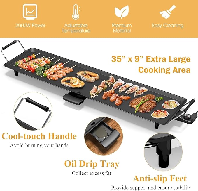 BECOMFORT 35'' Electric Griddle, Nonstick Extra Large Teppanyaki Grill w/ 2000W Table Top Grill, Adjustable Temperature & Drip Tray, Indoor Outdoor Table Top Grill for Barbecue, Camping