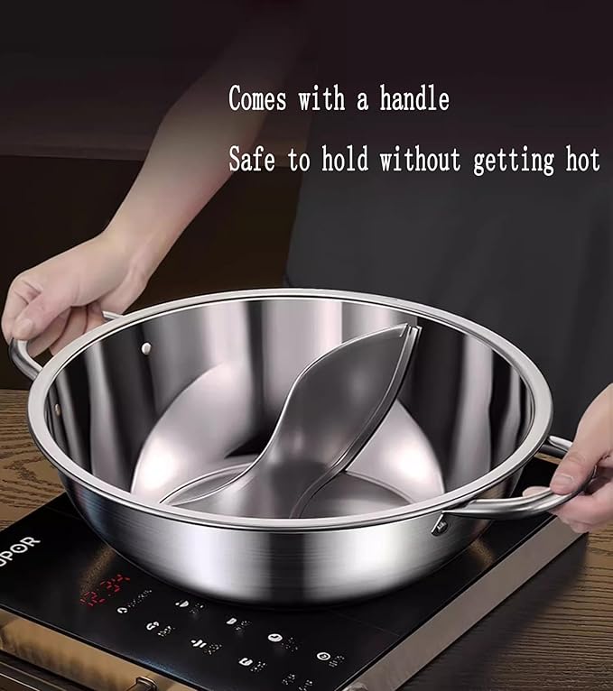 Nonstick Frying Pan Double Flavor Hot Pot Stainless Steel Shabu Hot Pot for Electric Induction Cooktop Gas Stove Kitchen Everything Pot with Glass Lid Stove Pot Uncoated Cookware,34CM