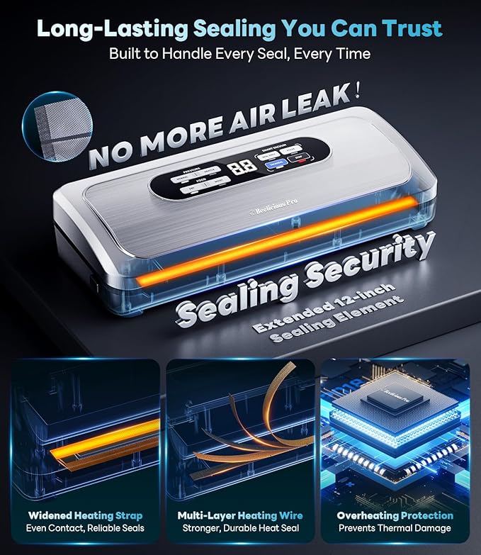 Vacuum Sealer Machine with AirLock ProSeal System, 10-in-1 Vacuum Sealer for Food, Dry & Moist Modes, Compact Design with Digital Timer, Built-in Cutter & Roll Storage, Stainless Steel
