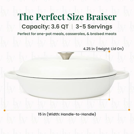 Larder & Vine Enameled Cast Iron Braiser | 3.6 qt Braiser Pan with Lid | Shallow Dutch Oven Compatible on All Cooktops | Casserole Dish Oven Safe to 500° F | Dual Handles | White