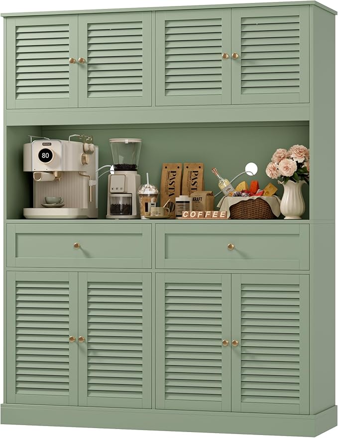 HIFIT 71" Hx55''W Large Kitchen Hutch Storage Cabinet, Farmhouse Coffee Bar Hutch with Microwave Stand, Tall Kitchen Pantry Cabinet with Louvered Doors, 2 Cable Holes, 2 Drawers, Green